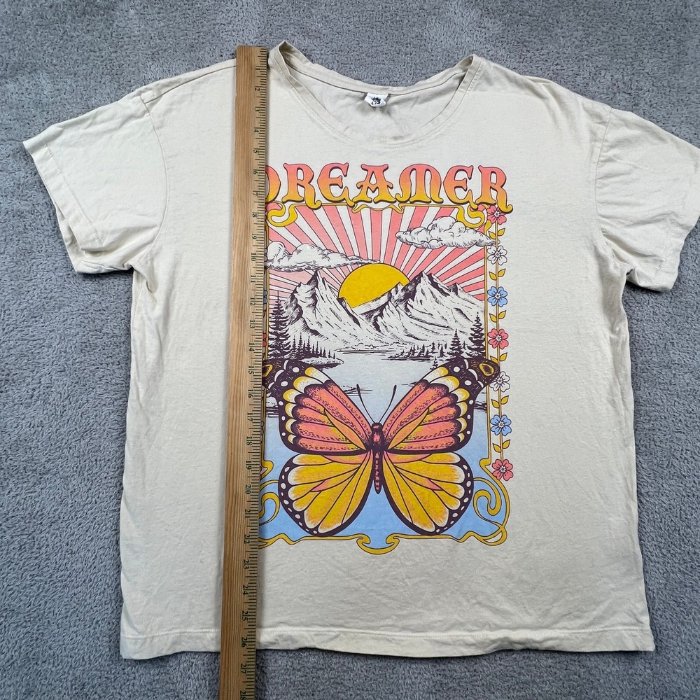 La Luna T Shirt Womens XL Cream Dreamer Butterfly Mountain Boho Retro Shirt - Picture 5 of 10